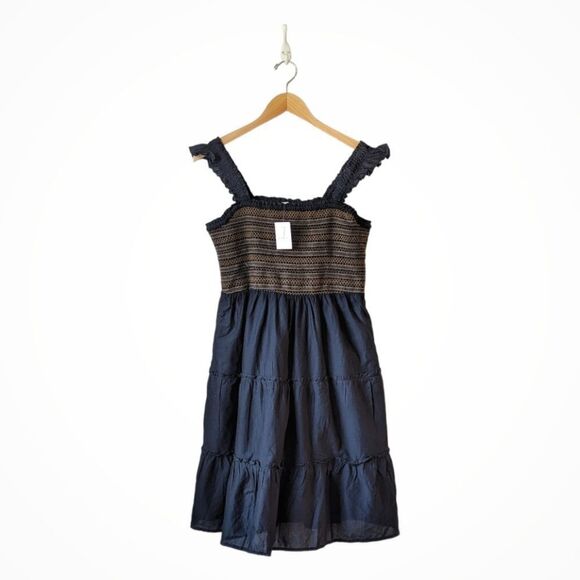 J Crew Sleeveless Smocked Tiered Black Pinafore Dress sz L Flutter Sleeve NWT - Picture 5 of 10